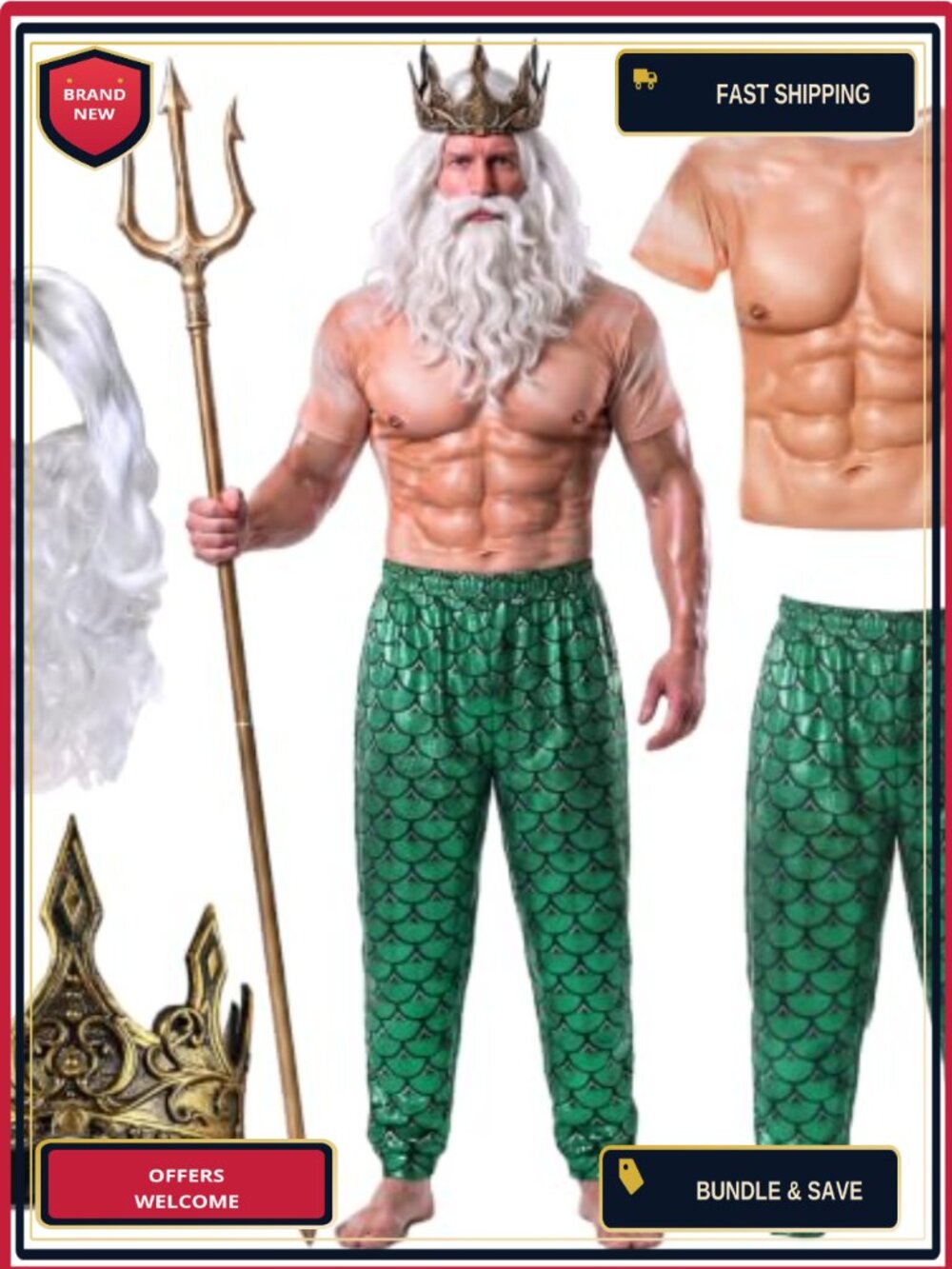 Poseidon Merman Costume for Men 4 Piece Muscle Shirt Pants Wig Crown